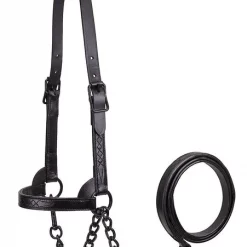 Derby Originals Premium Flat Fancy Stitch Leather Cattle Show Halter & Chain Lead, Black